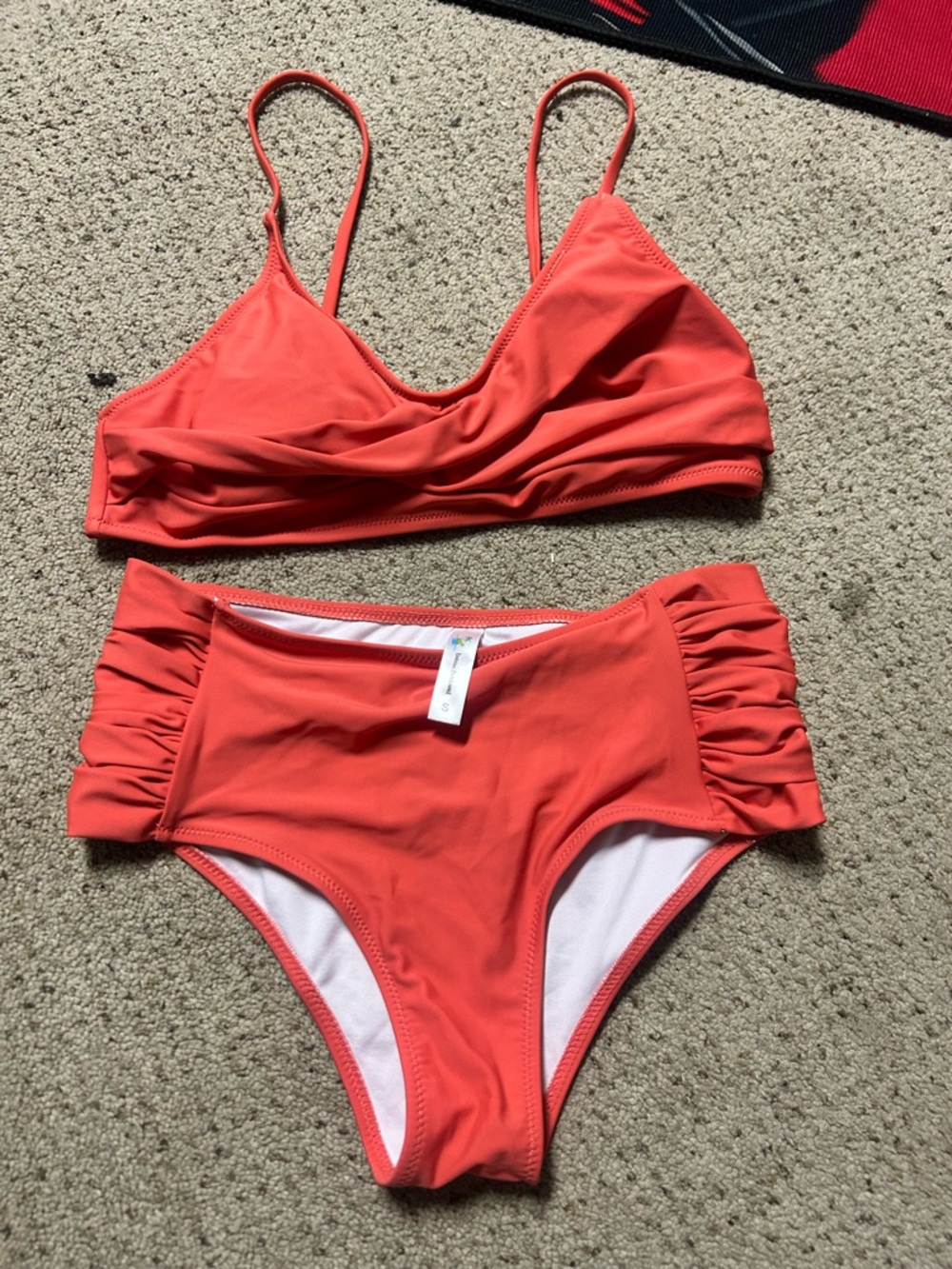 Coral Two-Piece Ruched High-Waist Bikini